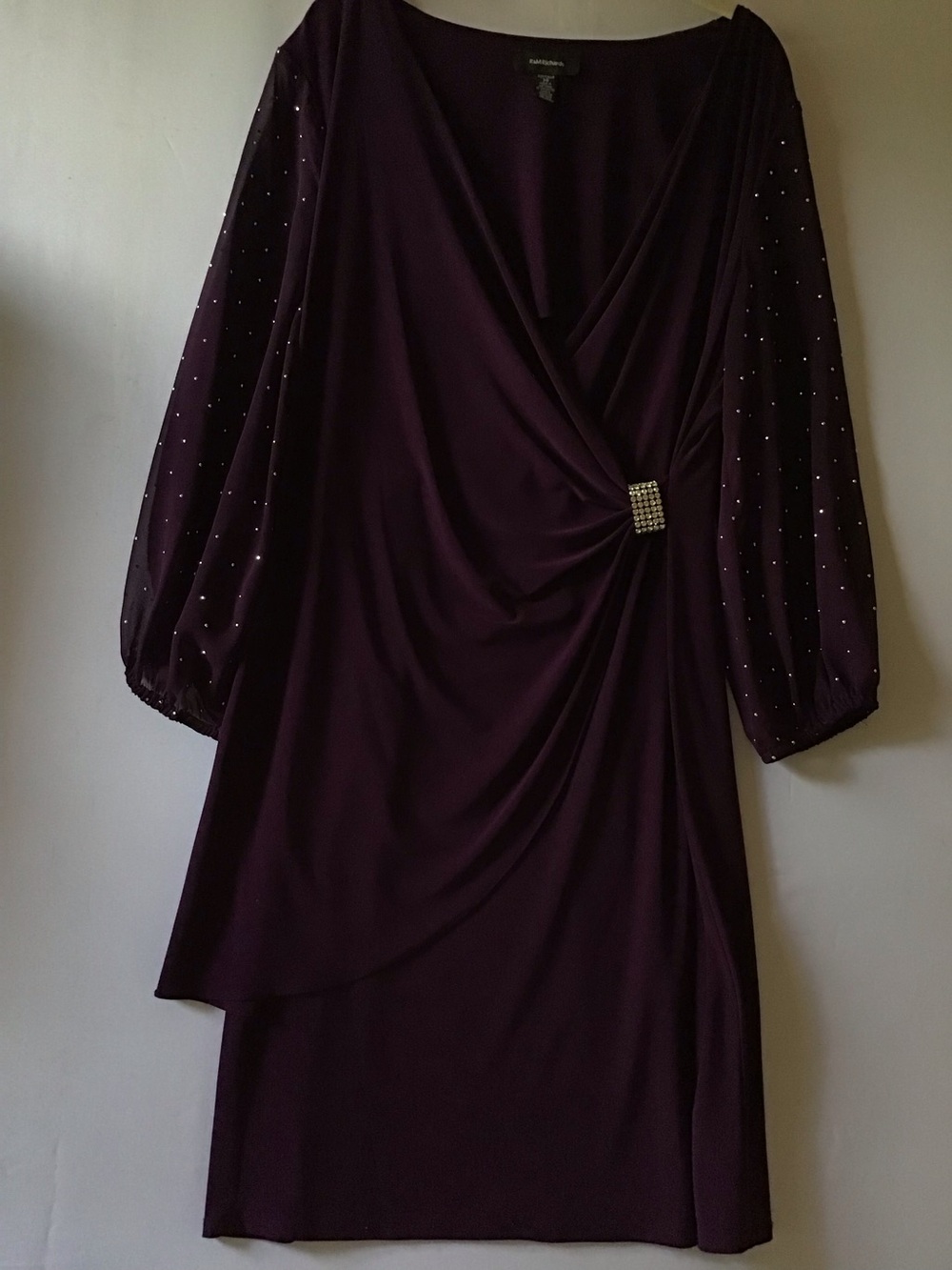429 R&M Richards Plum Long-Sleeve Faux-Wrap Dress with Jeweled Buckle